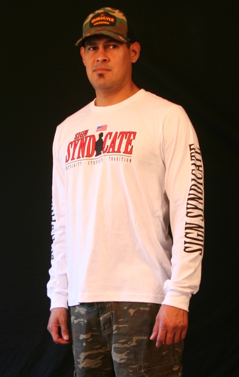 Mens Large White Long Sleeve T - Red Letters  