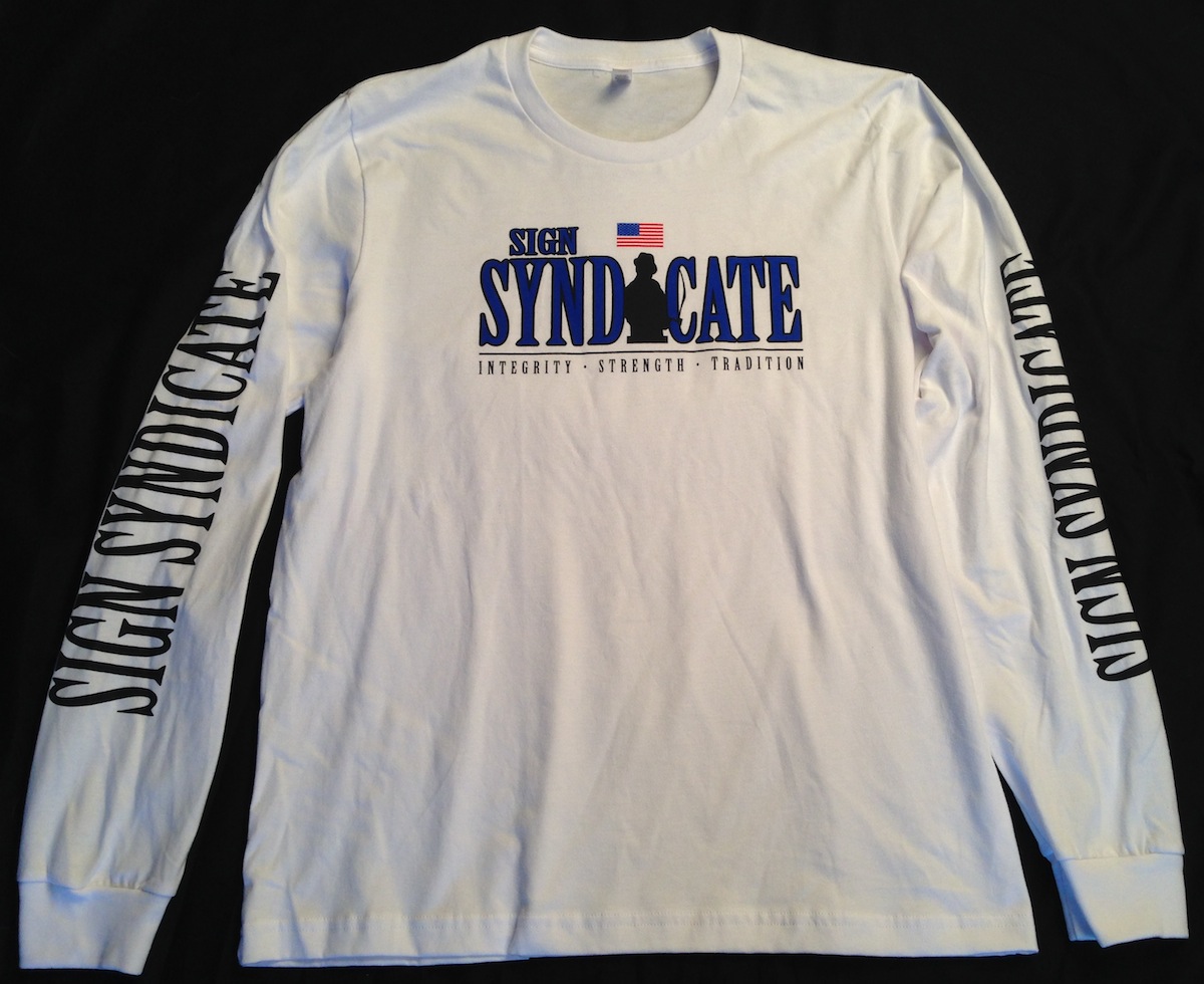 Mens Large White Long Sleeve T - Blue Letters  